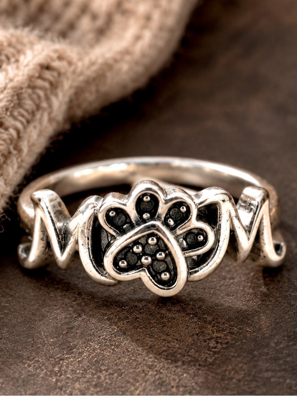 Dog Mom Paw Print Ring Sterling Silver Black Diamond Kay Jewelers Size 7